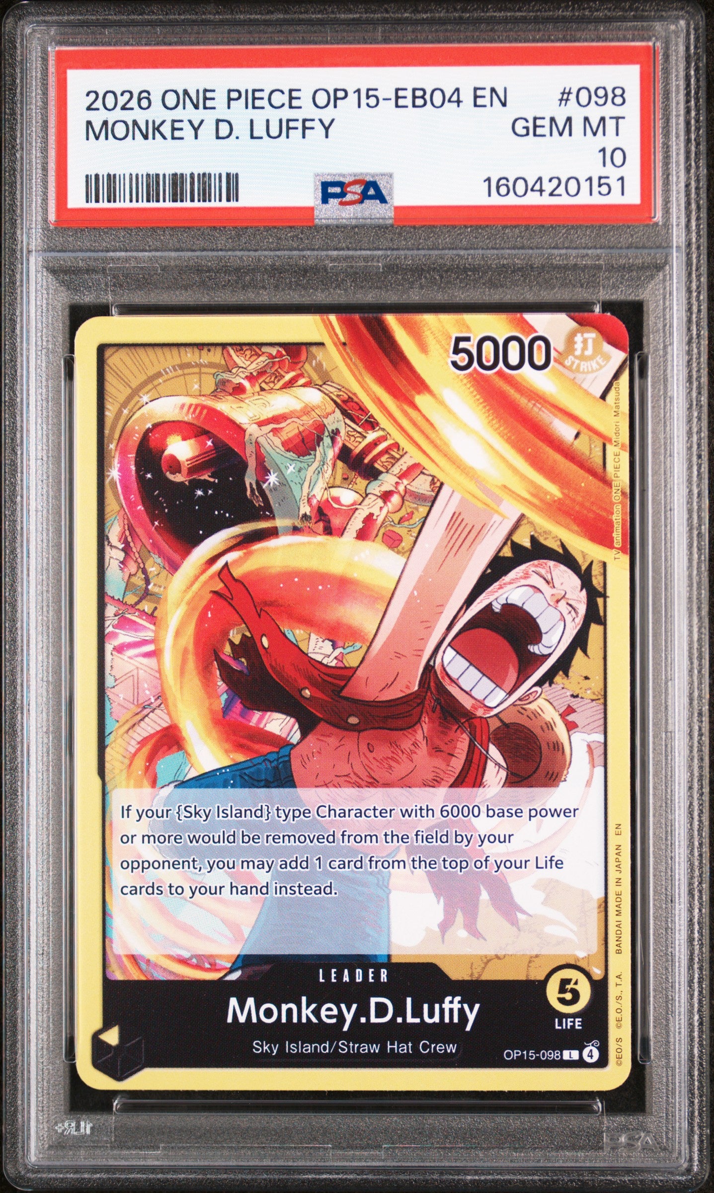 2026 ONE PIECE OP15-EB04-ADVENTURE ON KAMI'S ISLAND #098 MONKEY D. LUFFY PSA 10
