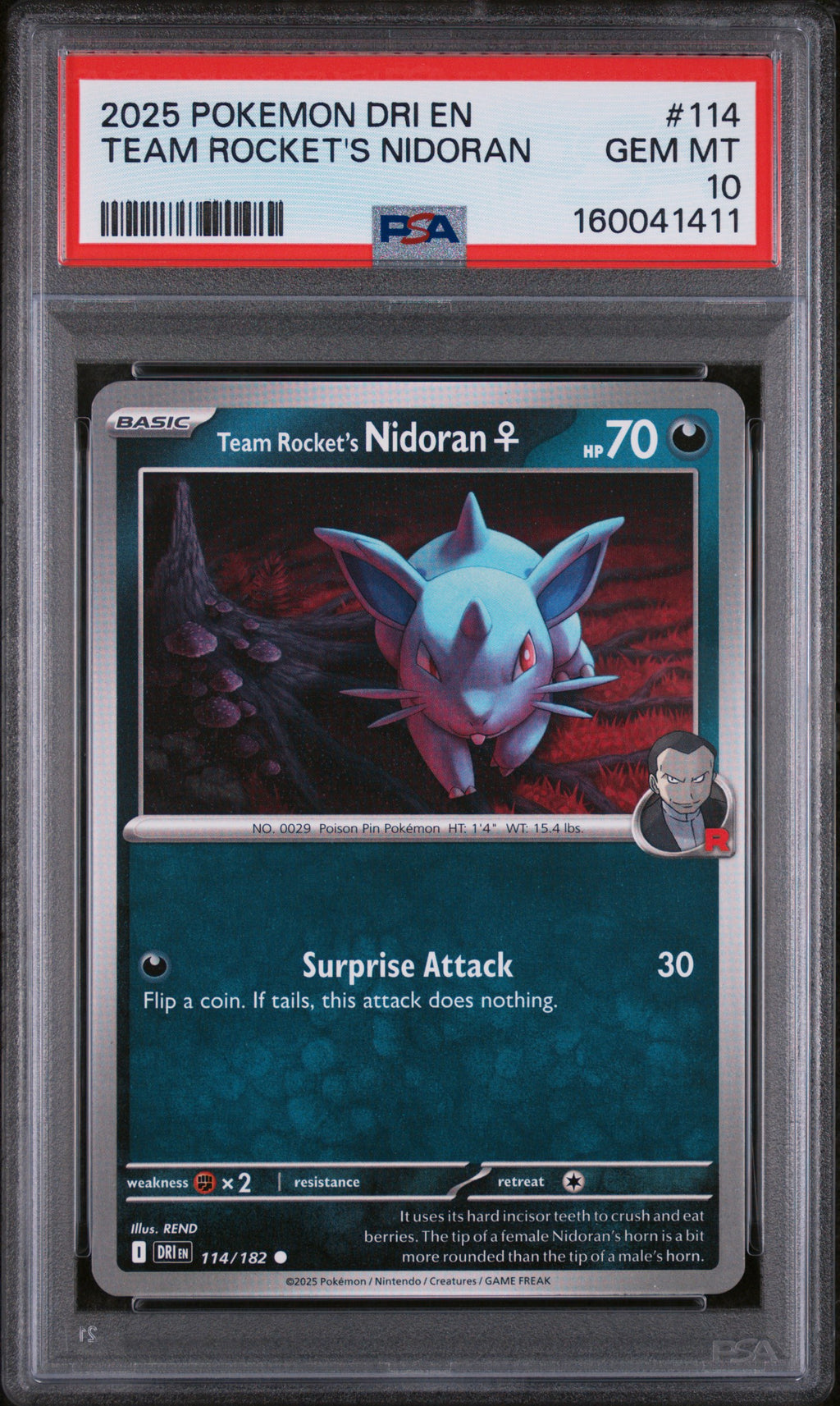 2025 POKEMON DRI EN-DESTINED RIVALS #114 TEAM ROCKET'S NIDORAN PSA 10