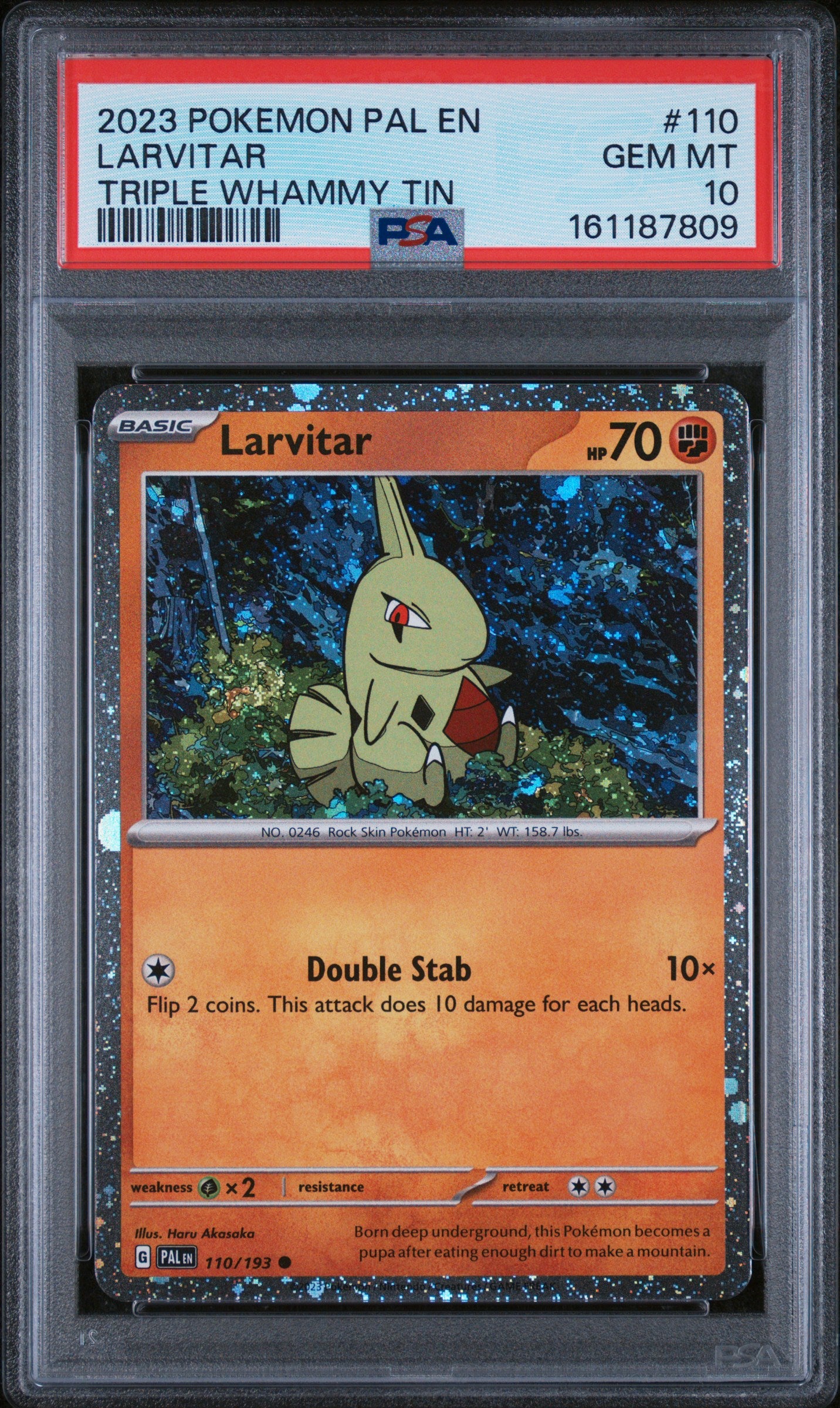 2023 POKEMON PAL EN-PALDEA EVOLVED #110 LARVITAR TRIPLE WHAMMY TIN PSA 10