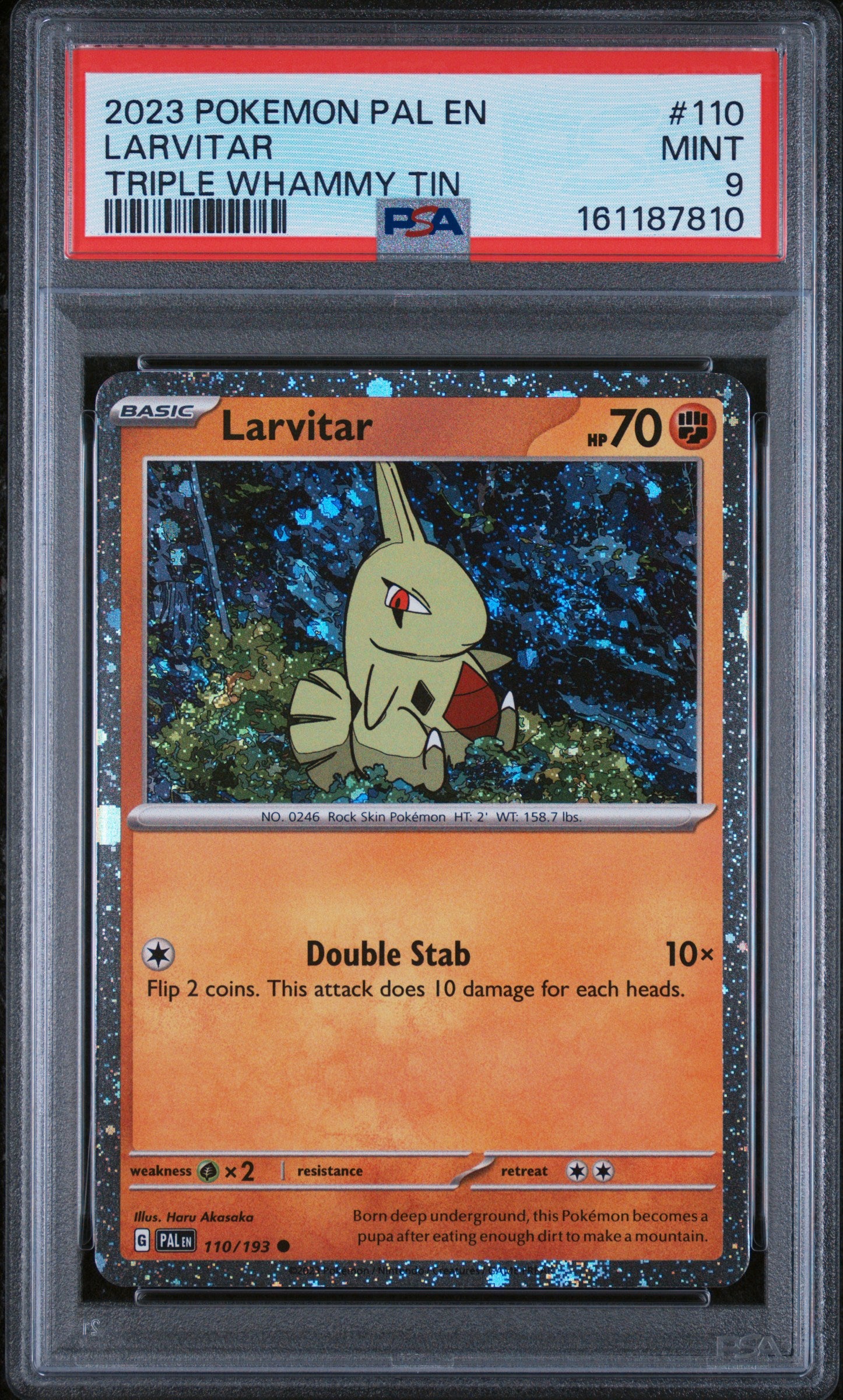 2023 POKEMON PAL EN-PALDEA EVOLVED #110 LARVITAR TRIPLE WHAMMY TIN PSA 9