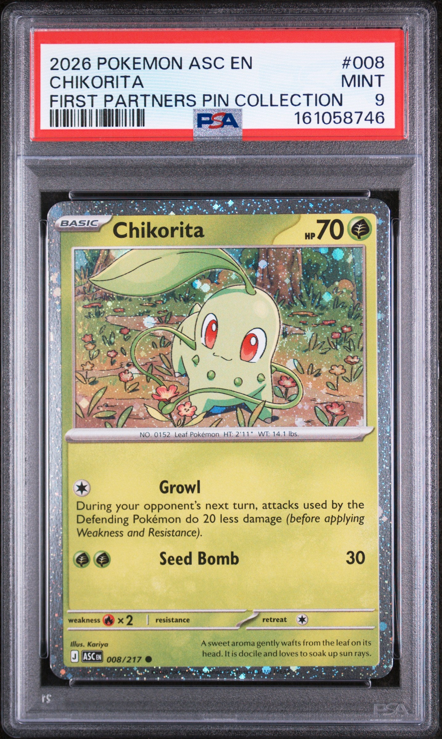 2026 POKEMON ASC EN-ASCENDED HEROES #008 CHIKORITA FIRST PARTNERS PIN COLLECTION PSA 9