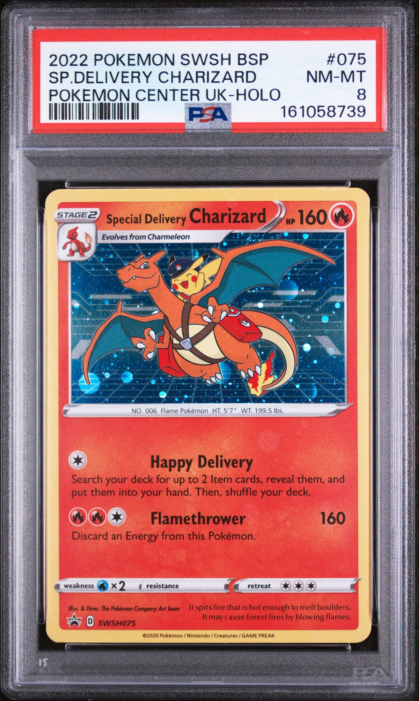 2022 POKEMON SWSH BLACK STAR PROMO #075 SP.DELIVERY CHARIZARD POKEMON CENTER UK-HOLO PSA 8